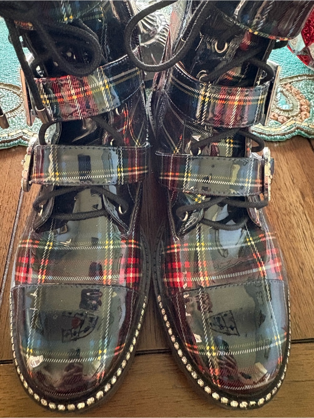 Jessica Simpson Red Plaid Combat Boots with Rhinestone Buckles - Picture 3 of 7
